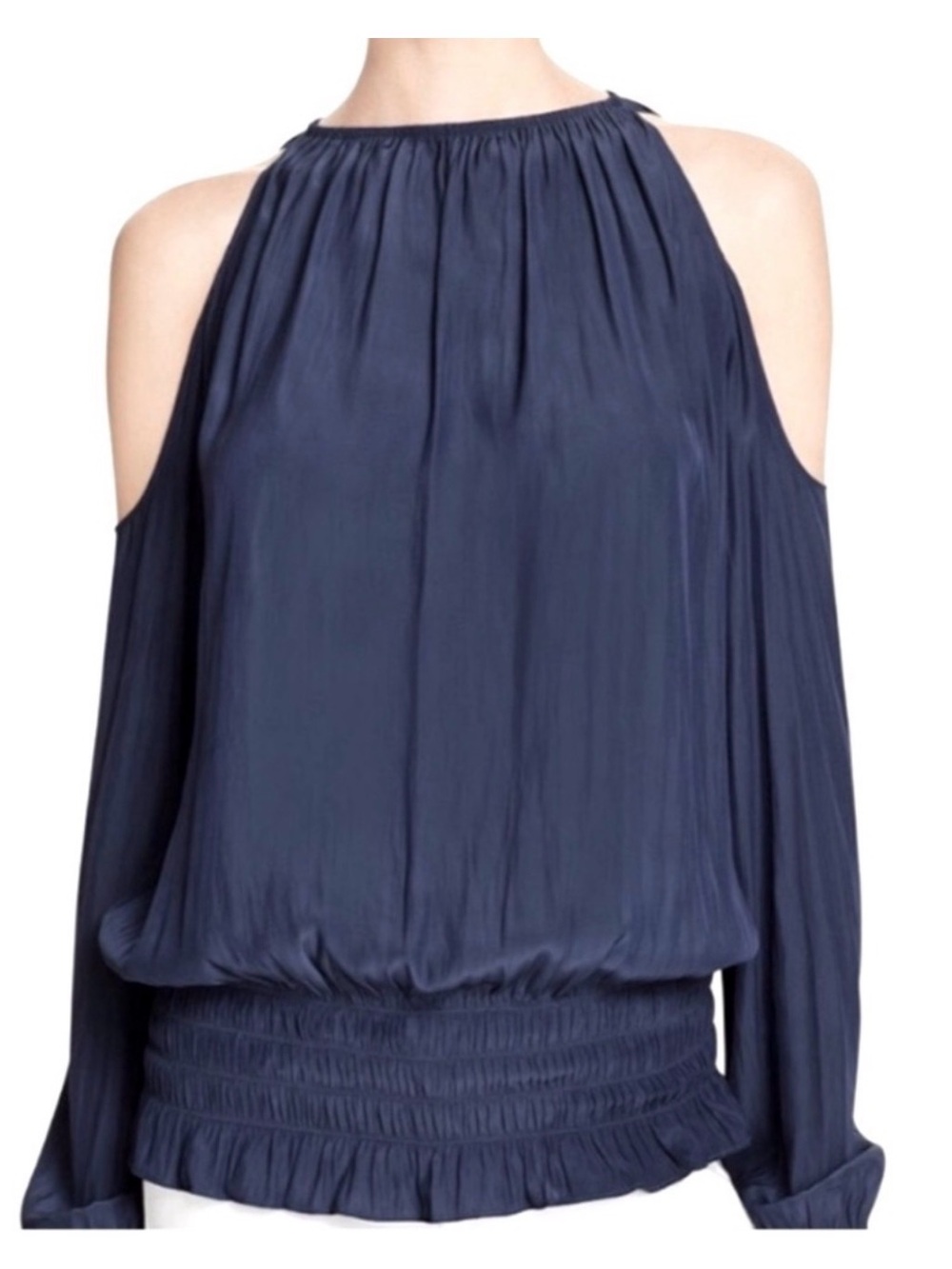 Ramy brook Cold-Shoulder Navy Blouse with Smocked Hem